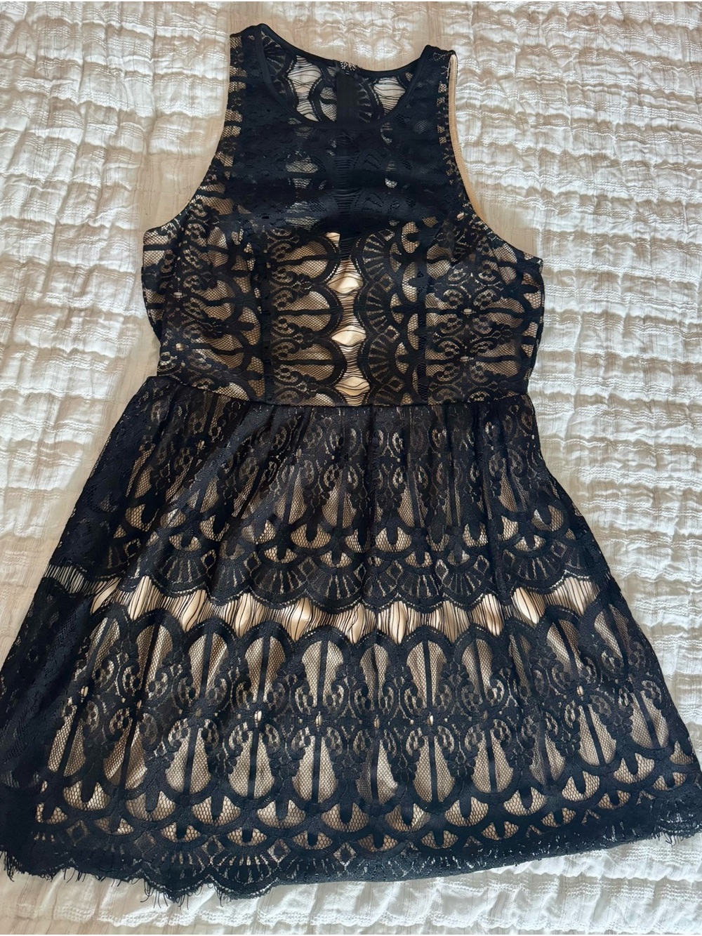 Black Lace Overlay Midi Dress with Nude Lining